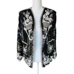 Donnatella Embellished Sequin Silk Blazer Jacket Black Silver Floral Size M